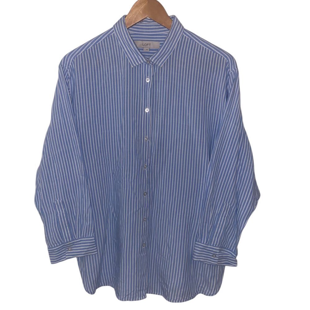 LOFT Blue White Striped Button Up‎ Rayon Shirt Long Sleeve Professional Blouse L